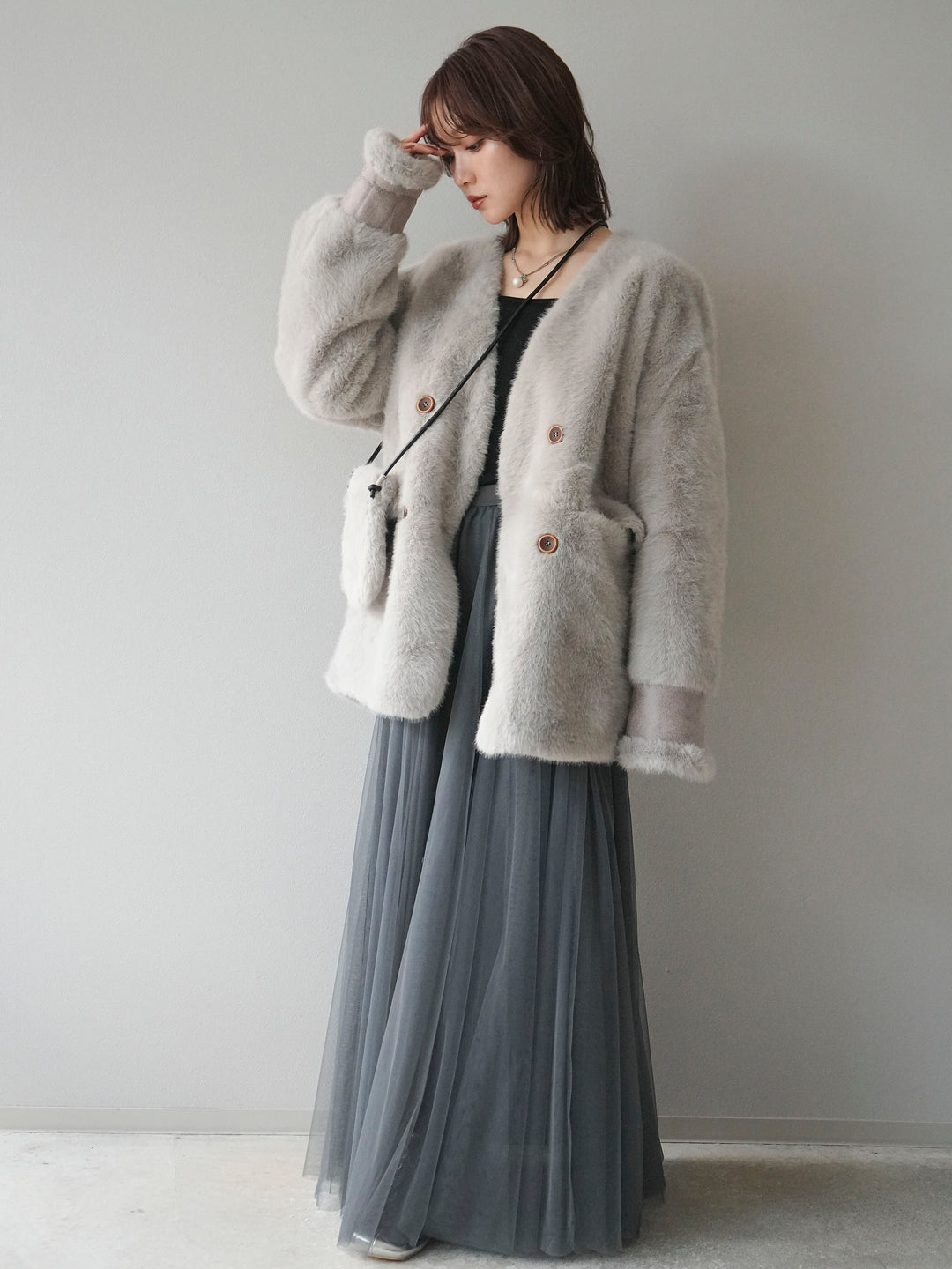 [SET]バッグ付エコファーノーカラーコート+チュールボリュームスカート(2set)