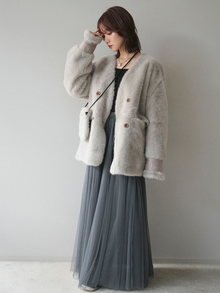 [SET]バッグ付エコファーノーカラーコート+チュールボリュームスカート(2set)