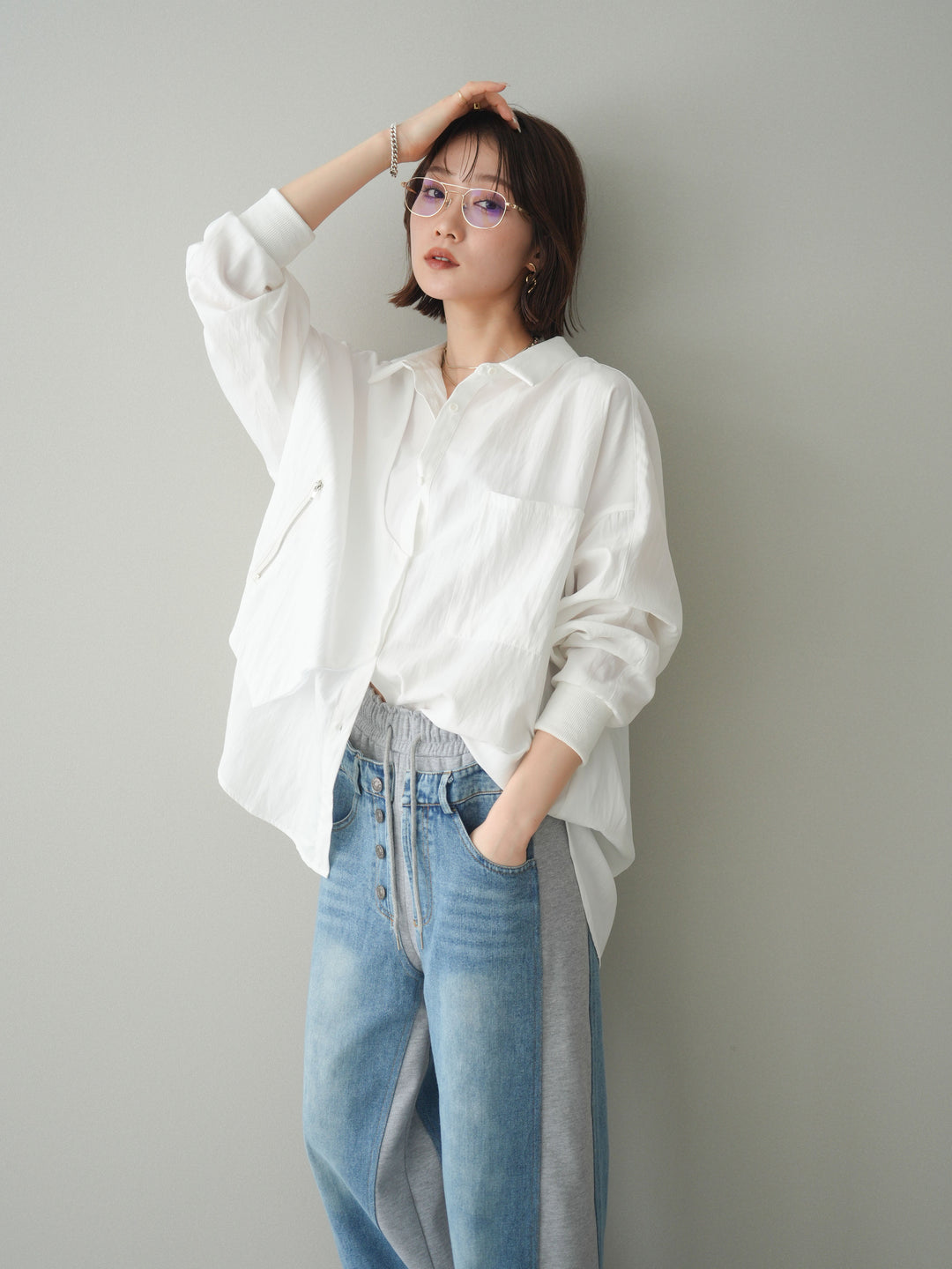 [予約]リブカフスアシンメトリーZIPデザインオーバーシャツ/offwhite