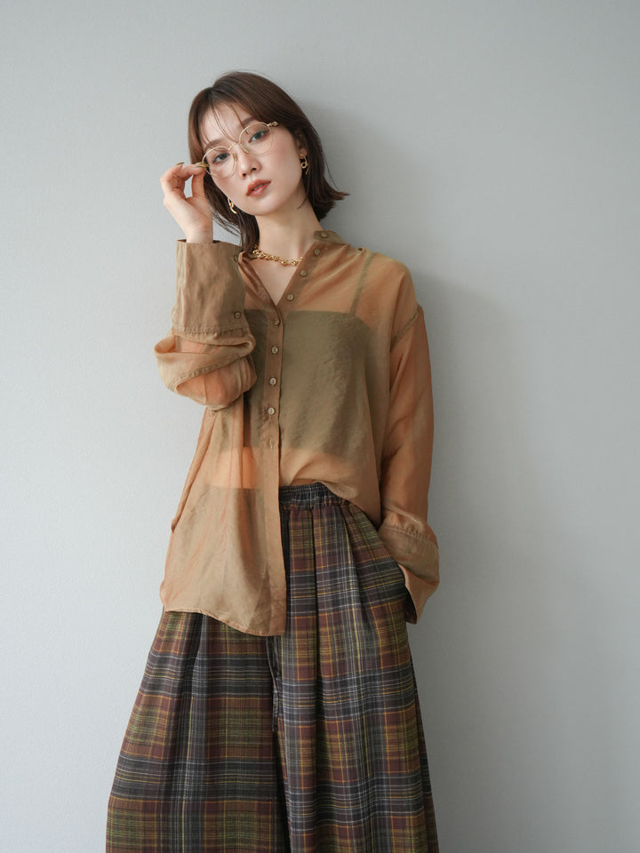 [SET] 亮面透視立領襯衫 + 透視格紋寬鬆褲 (2 件套)