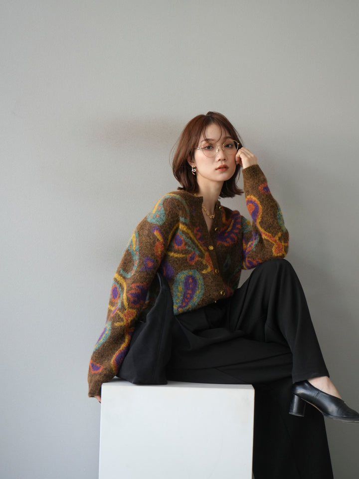 [SET]ミックスヤーンペイズリー柄ニットカーディガン+ベルトループデザインワイドパンツ(2set)