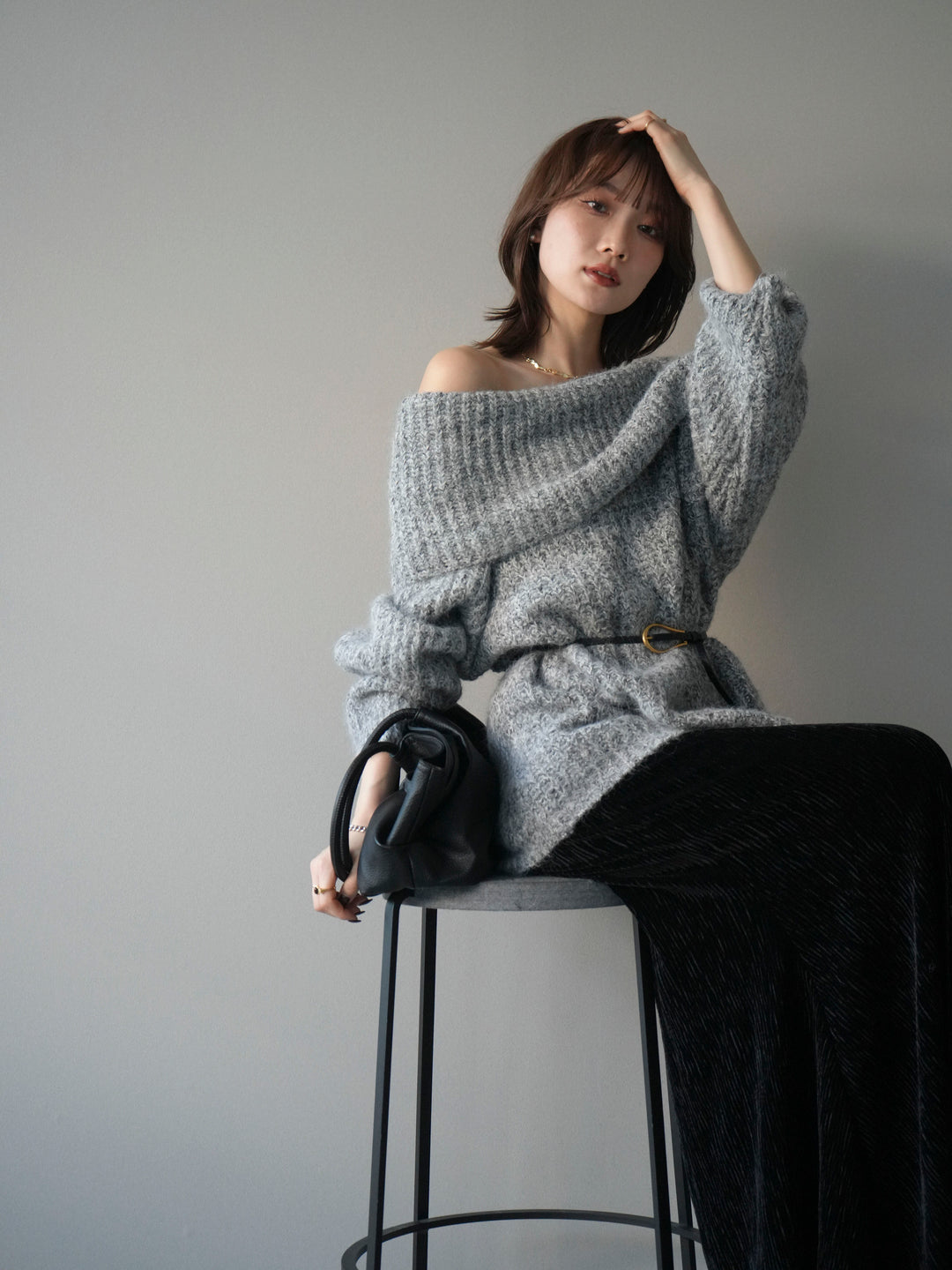 [予約]オフショルミックスニットプルオーバー/gray