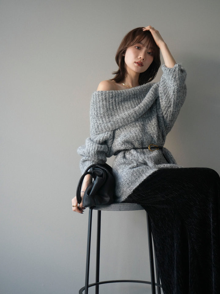 [予約]オフショルミックスニットプルオーバー/gray