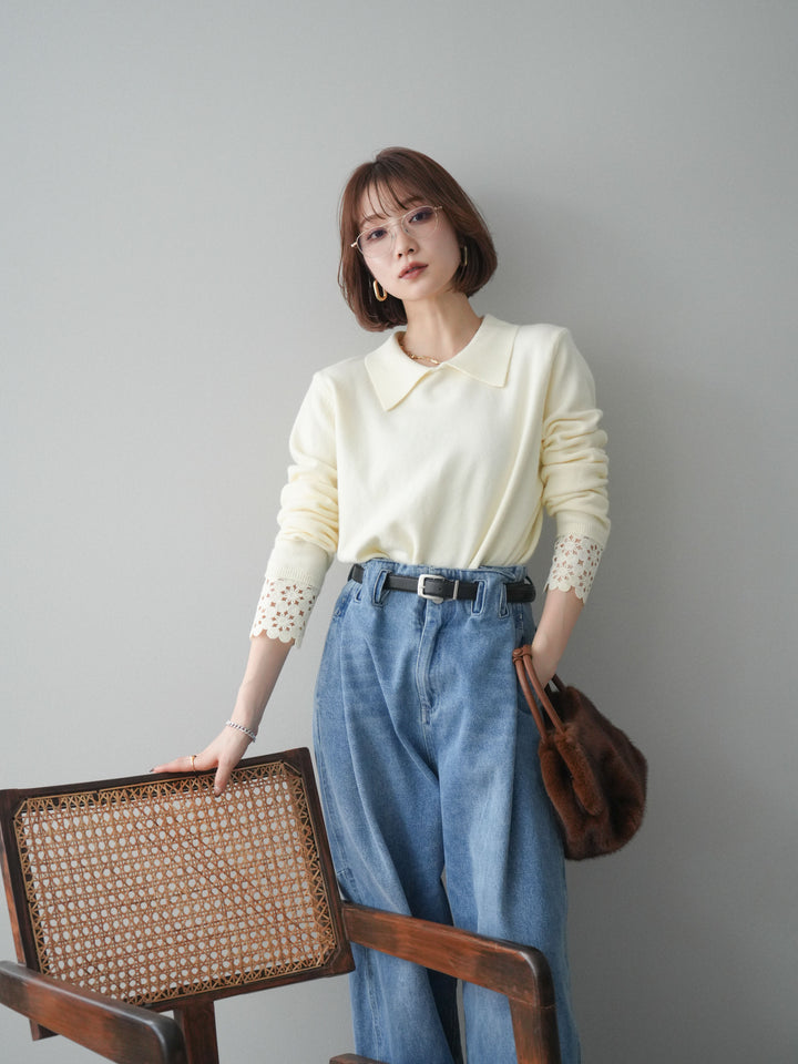 [SET]スカラップレース袖襟付きニットトップス+選べるアクセセット(2set)