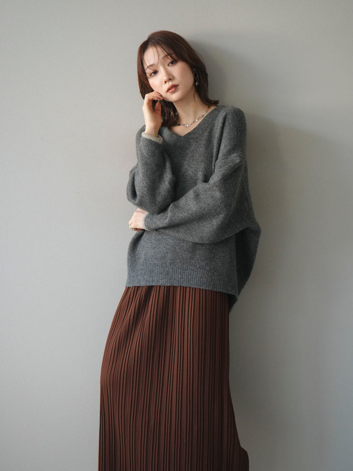 [SET]Vネック配色スリーブニットプルオーバー+選べるアクセセット(2set)