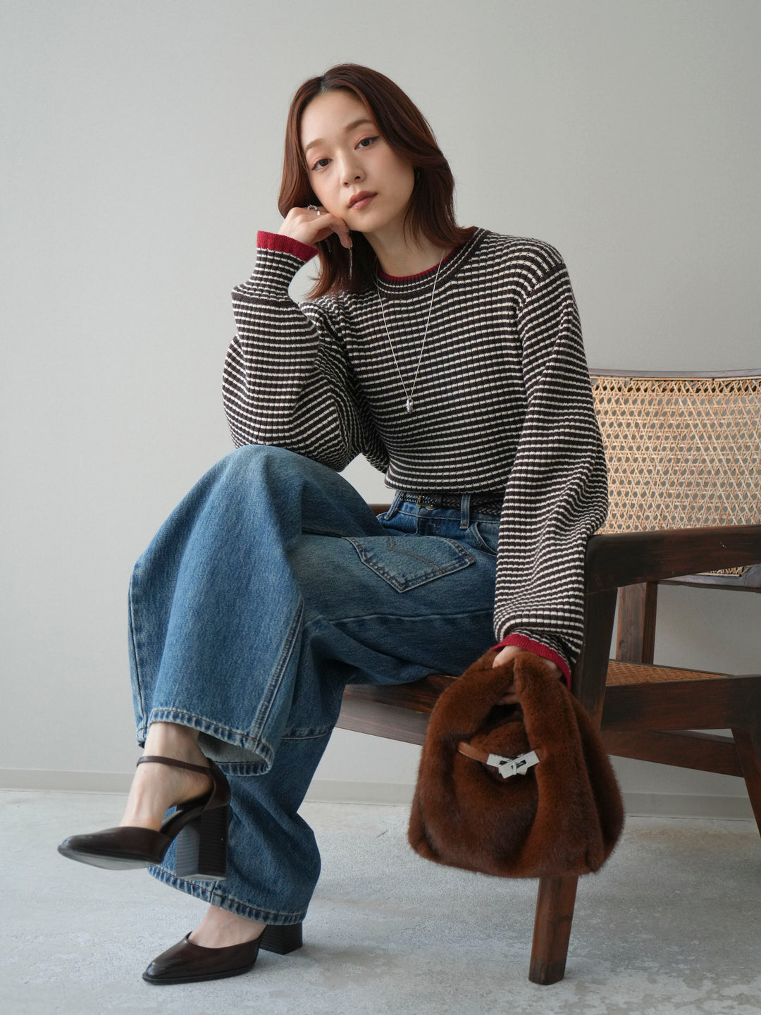 [SET]ラメ異素材ボーダーリブニットプルオーバー+ペインターカーブデニムパンツ(2set)