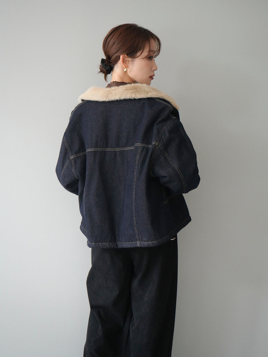 [予約]デニム×ファーステンカラーショートジャケット/indigo