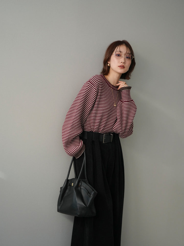 [予約]ラメ異素材ボーダーリブニットプルオーバー/bordeaux×brown