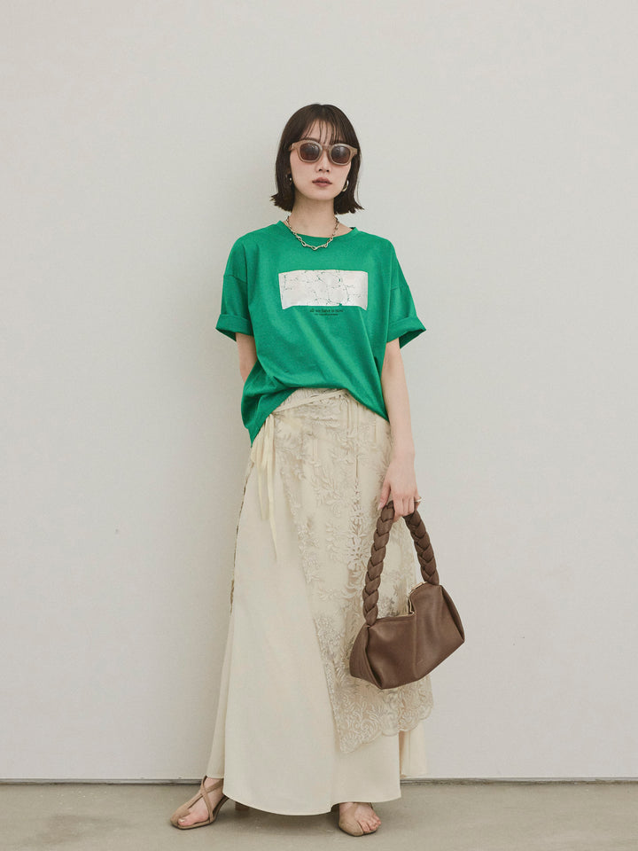 [SET]箔プリントドライタッチコットンTEE +チュールジャガードラップロングスカート(2set)