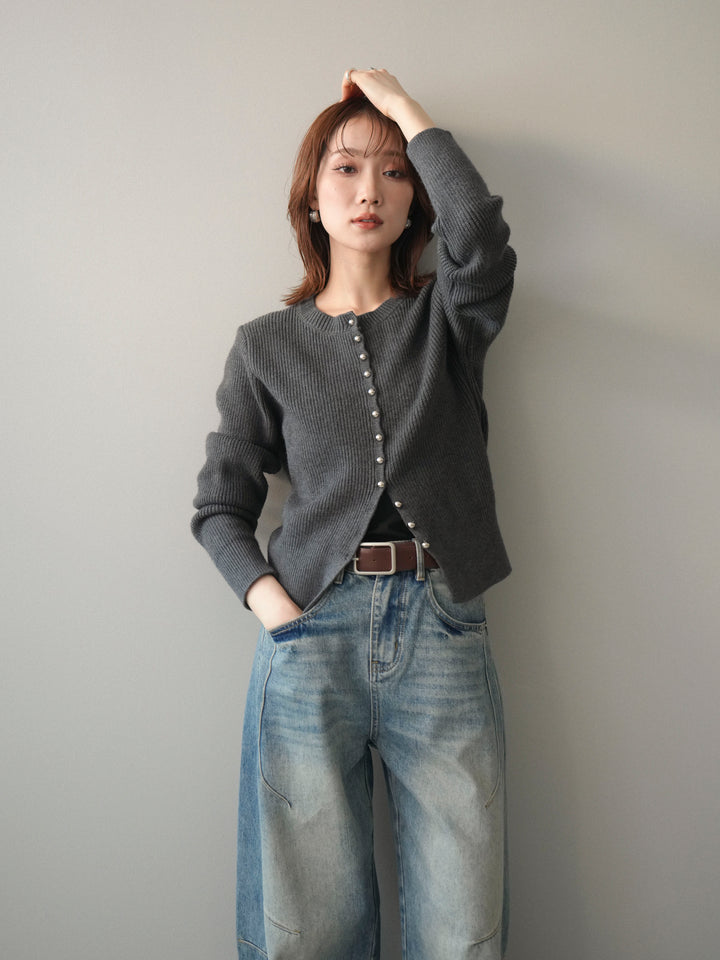 [予約]シルバーボタン畦編みニットカーディガン/charcoal