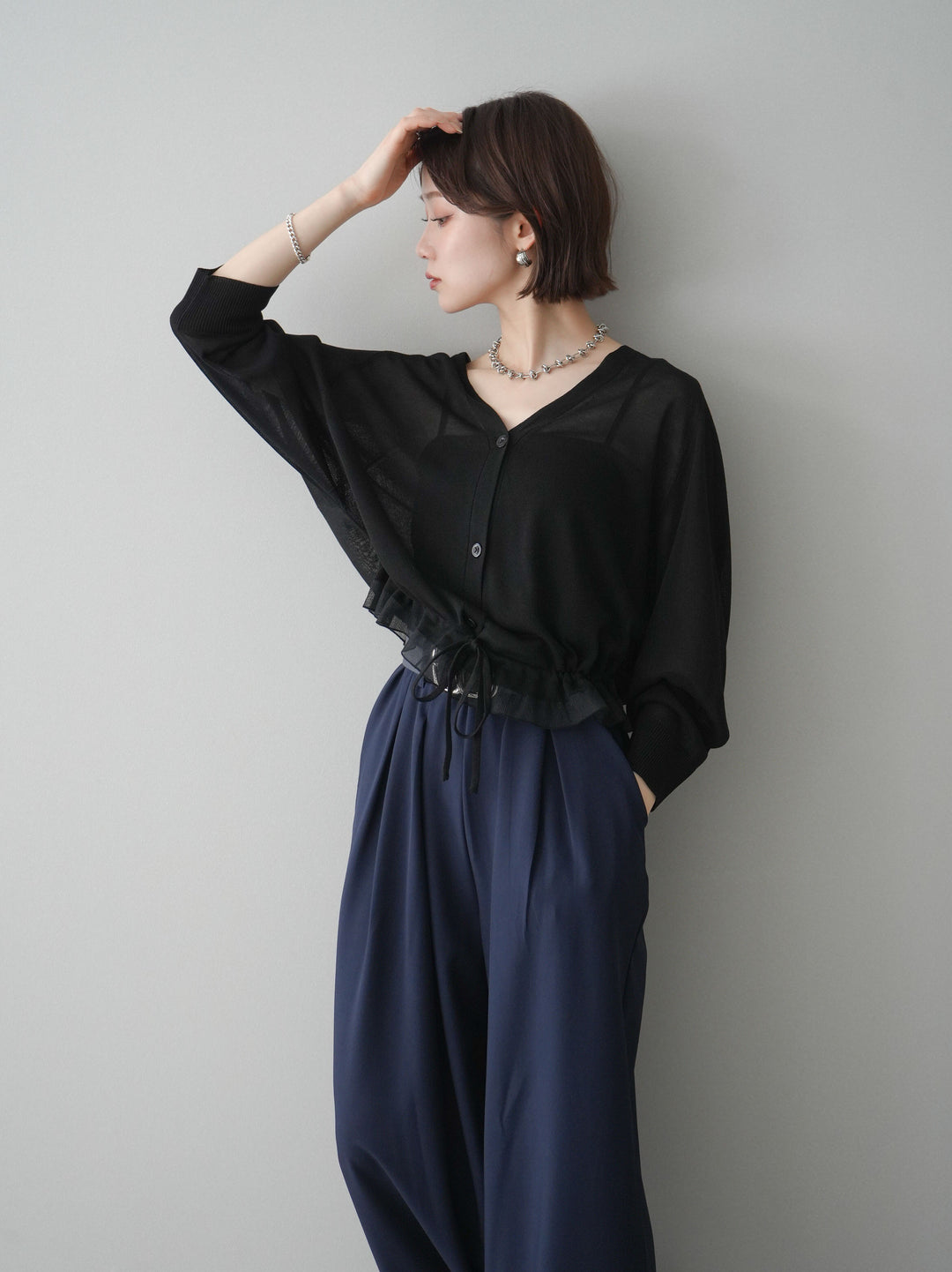 [SET]裾フリルラメシアーニットカーディガン+ダブルバックルベルト付ワイドパンツ(2set)