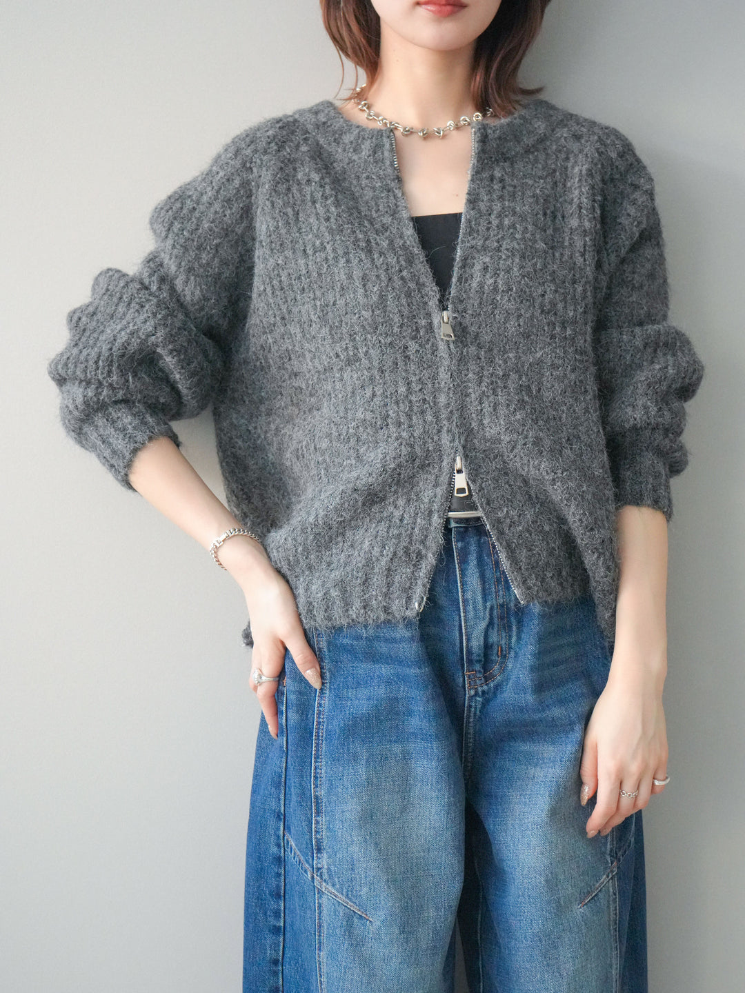 [予約]MIXヤーンモヘアタッチZIPニットカーディガン/gray