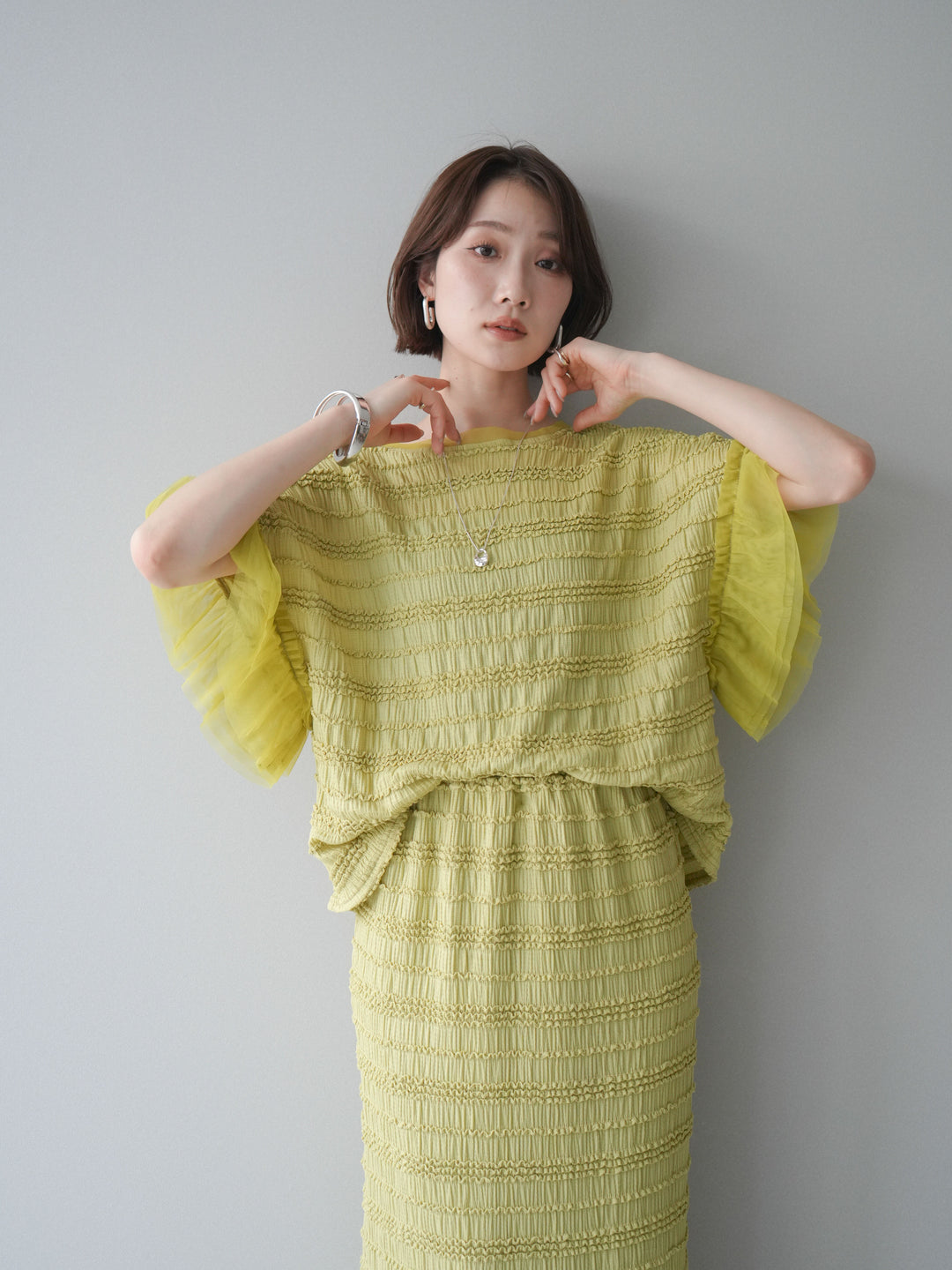 [SET]チュール袖リップルトップス+リップルIラインスカート(2set)