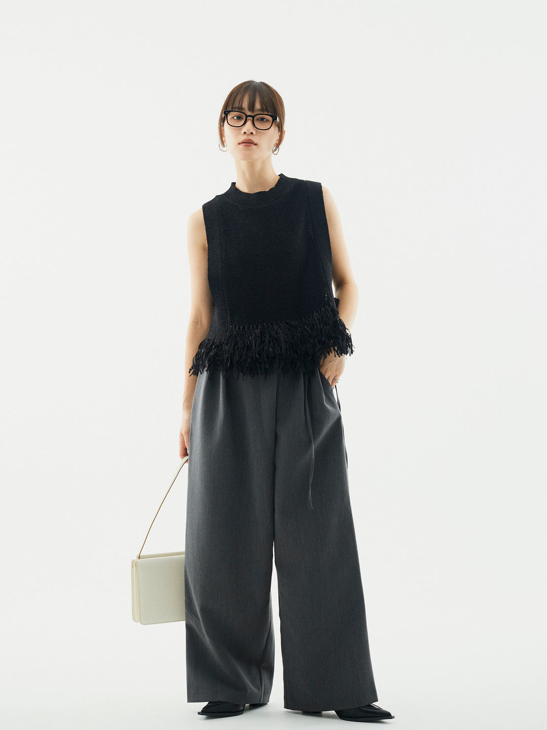 【Allure】[SET]フェザーヤーンニットベスト+ラップデザインタックワイドパンツ(2set)