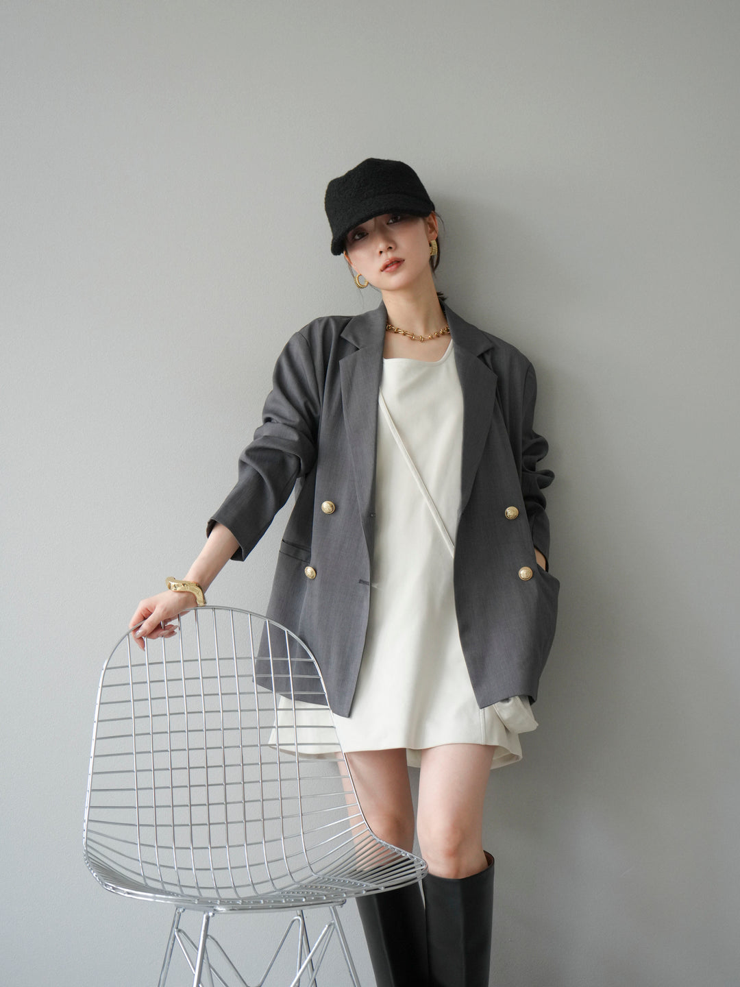 [套裝] 金色扣環斜紋雙排扣西裝外套 + 配件套裝（2 套）