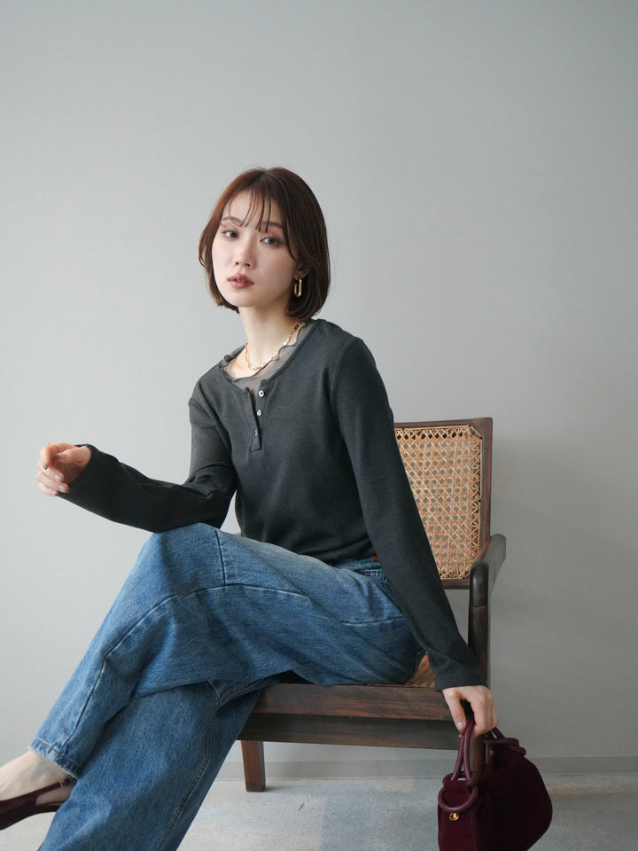 [予約]チュールレイヤードヘンリーネックカットソー/charcoal