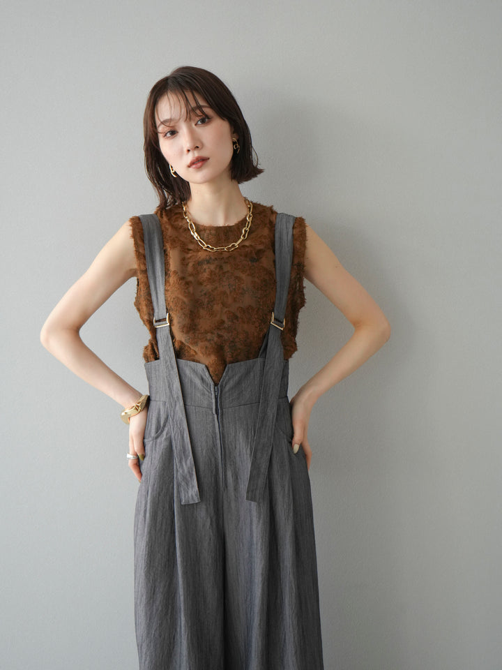 [SET]ストリングデザインハイウエストサロペット+ニュアンスフリンジジャガードノースリーブブラウス(2set)