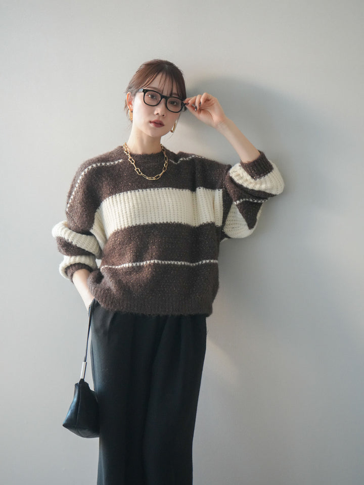 [予約]ネップヤーンボーダーニットプルオーバー/brown