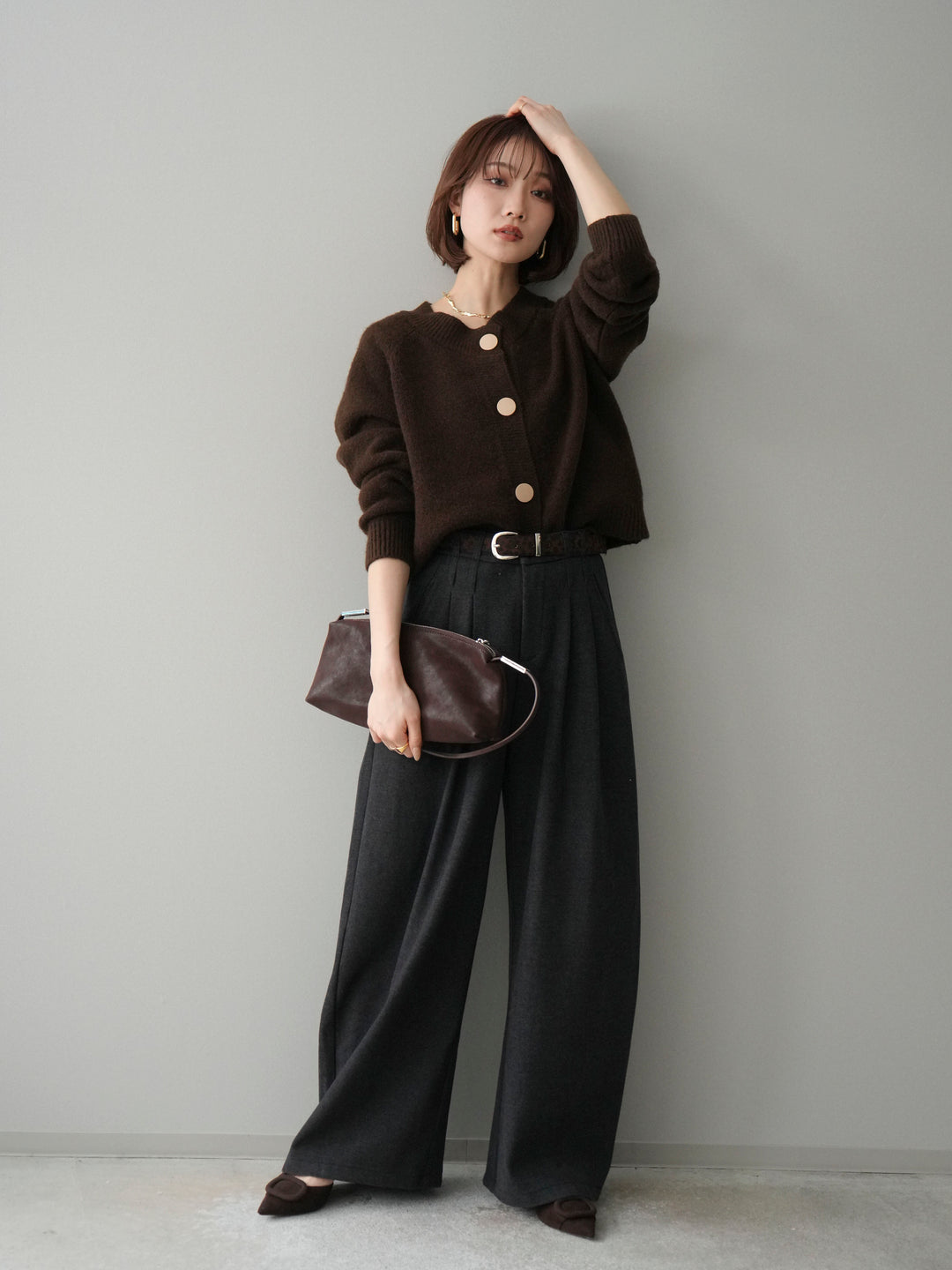 [SET]BIGボタンニットカーディガン+アニマル柄ベルト付きウールタッチワイドパンツ(2set)