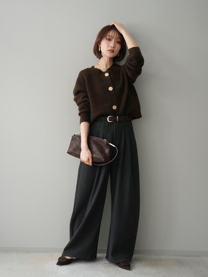[SET]BIGボタンニットカーディガン+アニマル柄ベルト付きウールタッチワイドパンツ(2set)