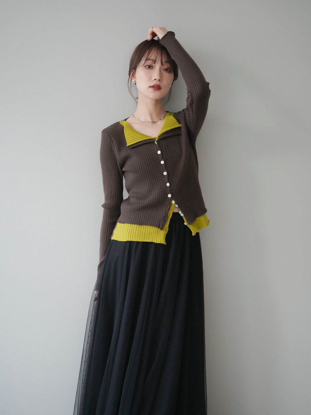 [予約]配色レイヤードリブニットカーディガン/brown