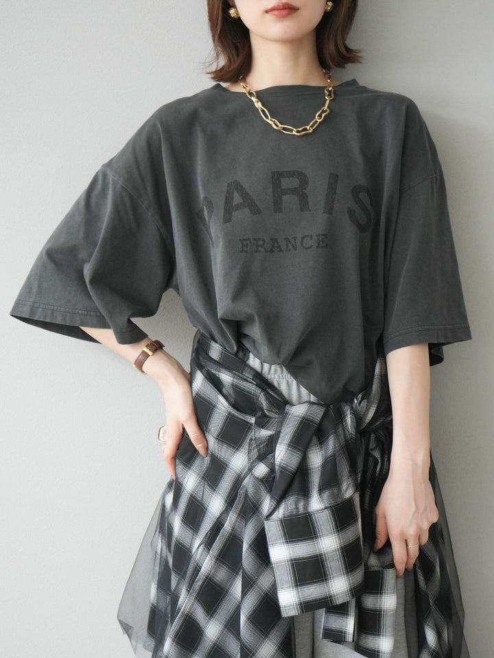 [SET]ピグメントロゴプリントTシャツ+2WAYデザインスウェットパンツ+チュールドッキングチェック柄オーバーサイズシャツ(3set)