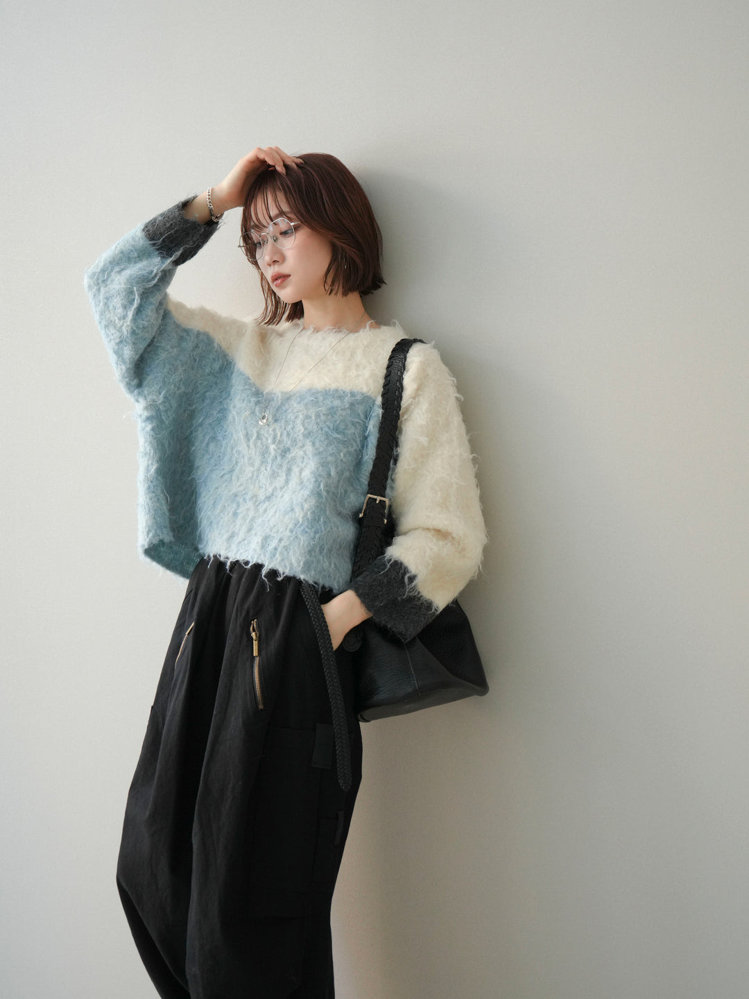 [SET]バイカラーモヘアタッチニットプルオーバー+コットンタックループパンツ(2set)