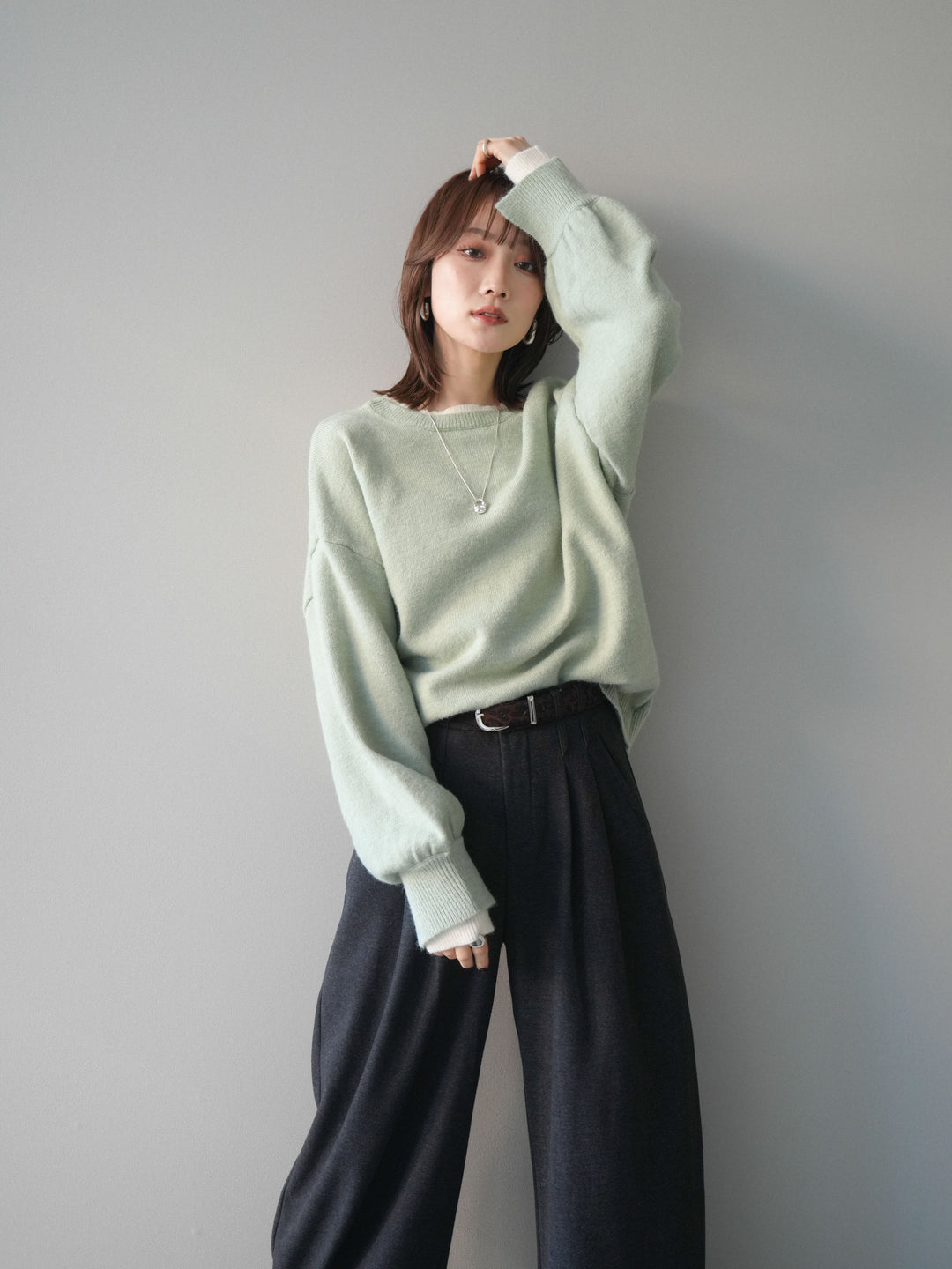 [予約]ヘンリーネック配色レイヤードニットプルオーバー/mint