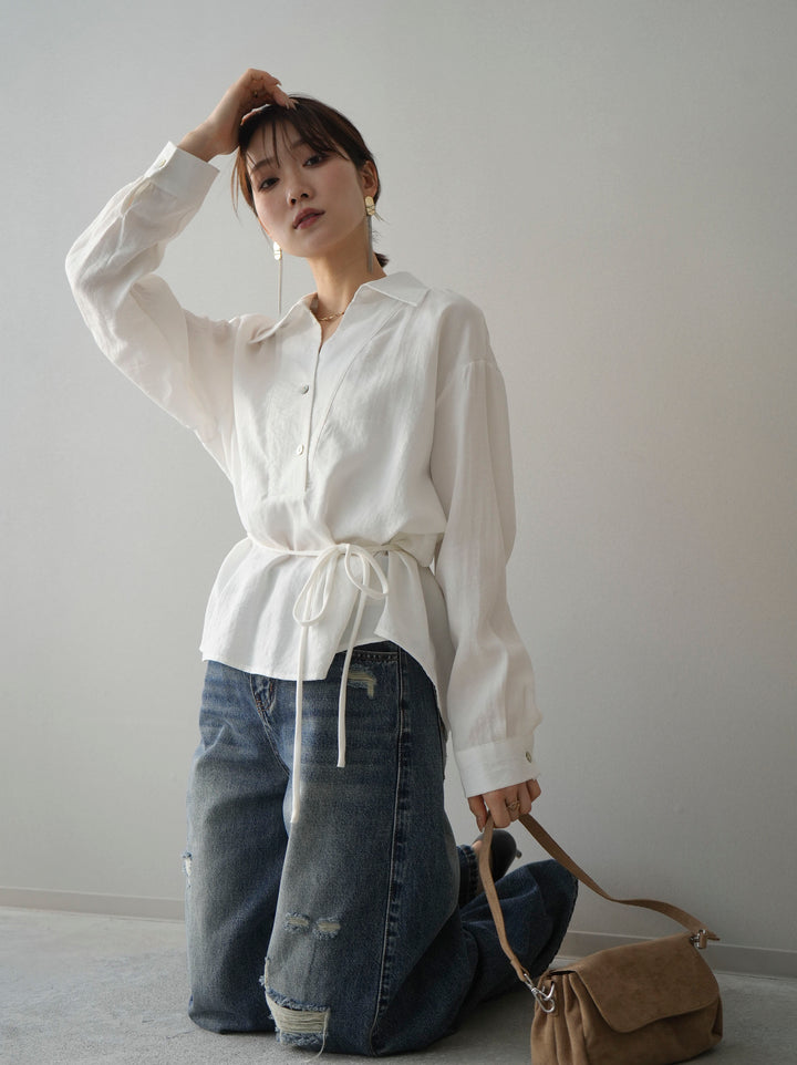 [SET]Vネック変形ラインシャツ+ダメージデニムセミワイドパンツ(2set)