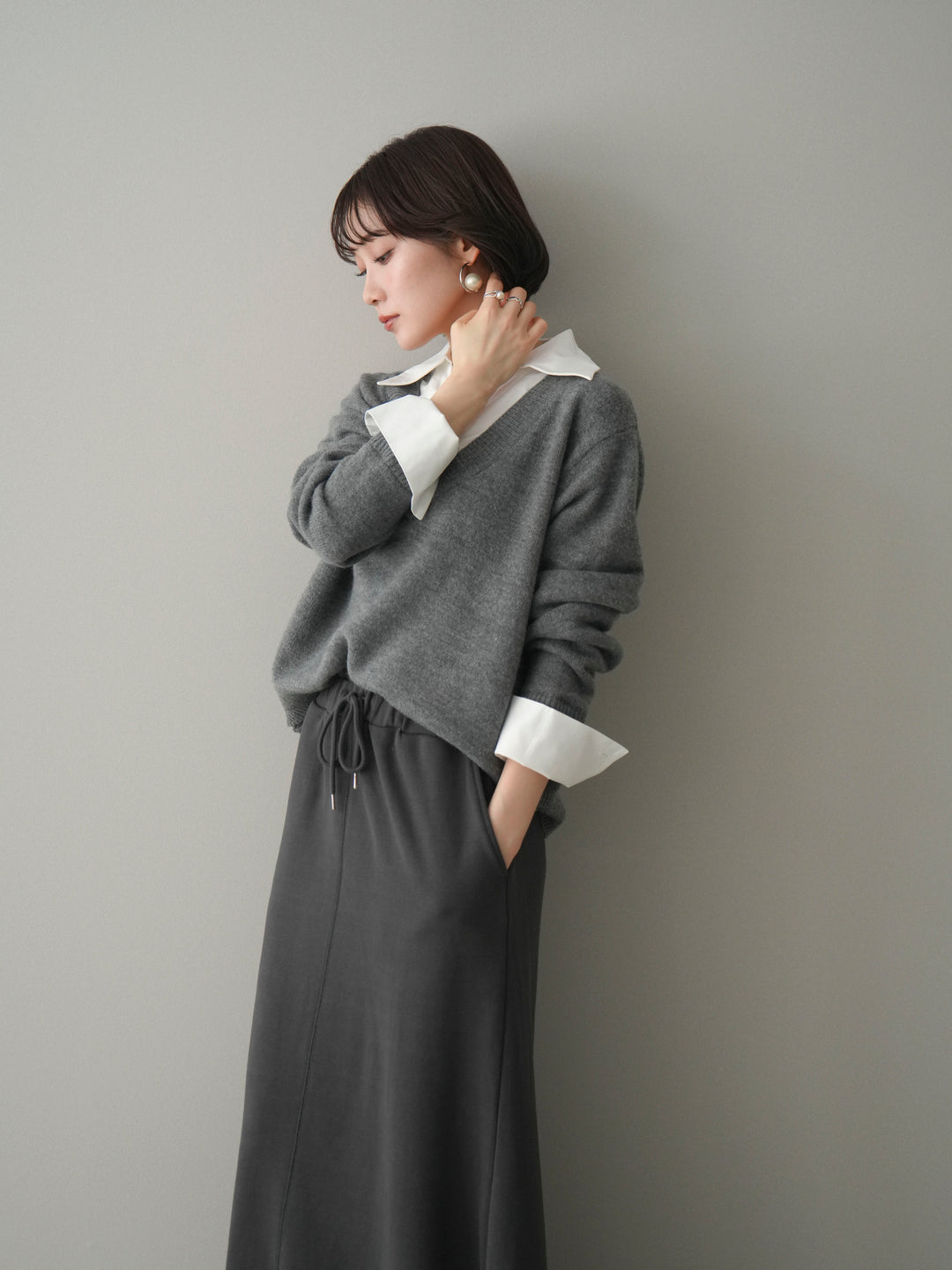 [予約]シャツドッキングVネックニットトップス/gray