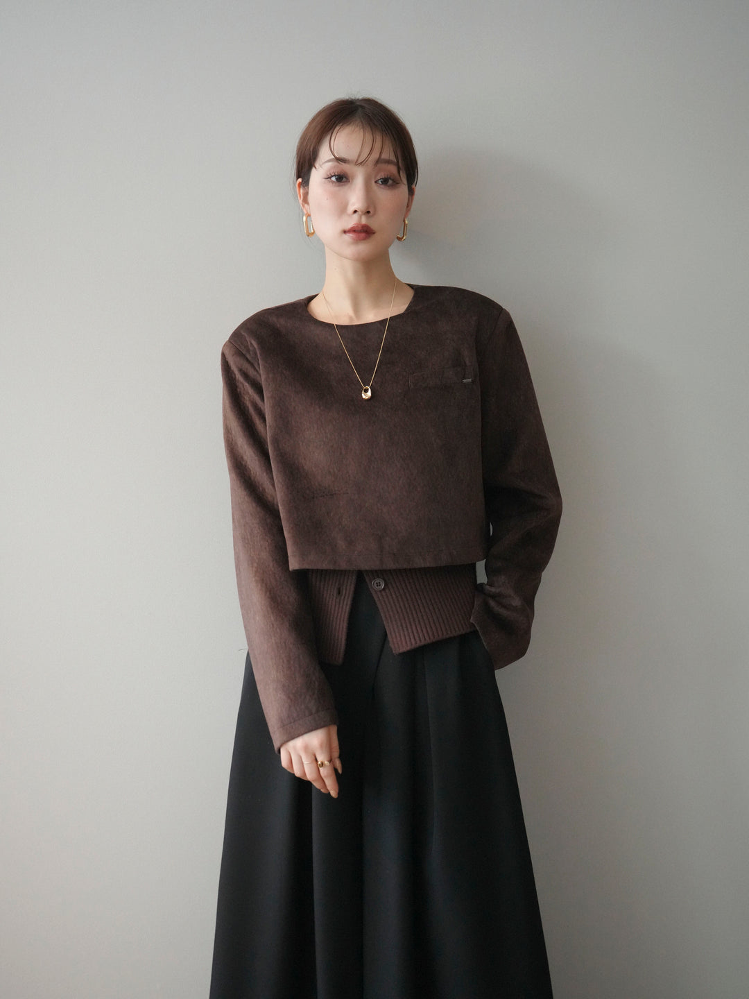 [予約]リブニットレイヤードスエードプルオーバー/brown