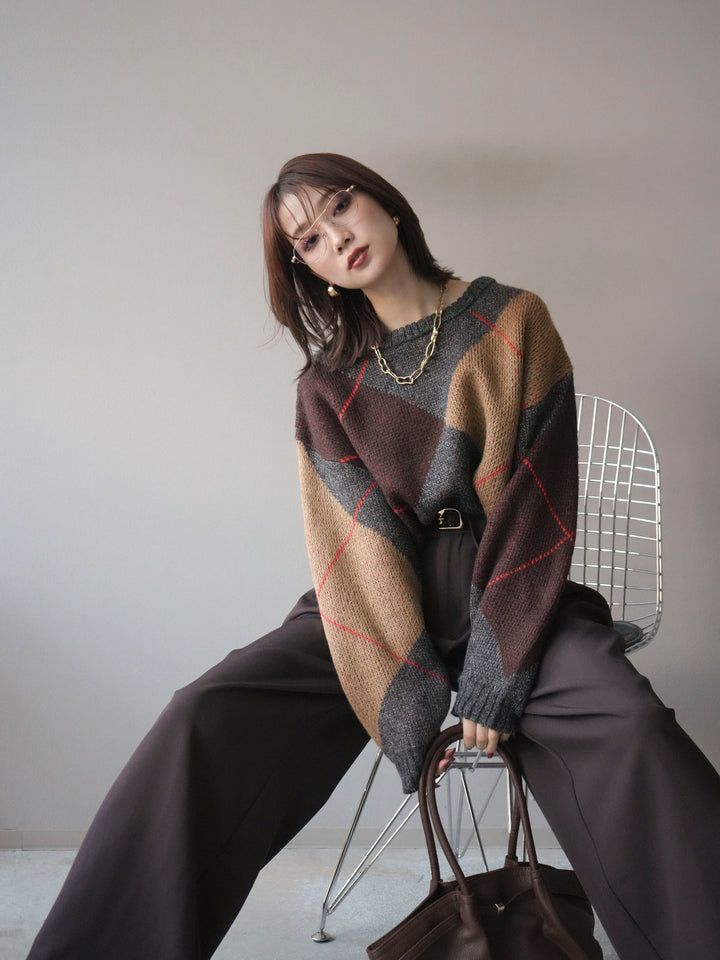 [SET]配色ステッチアーガイル柄ニットプルオーバー+ベルトループデザインワイドパンツ(2set)
