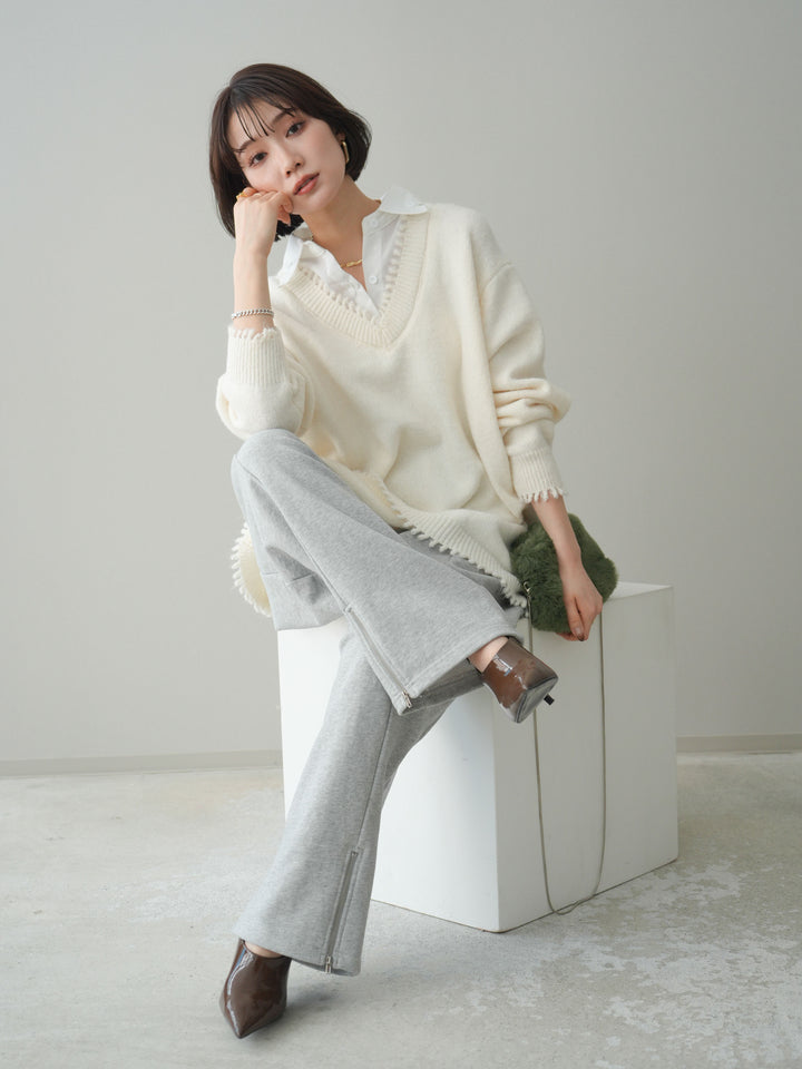 [SET]シャツドッキングVネックフリンジニットプルオーバー+選べるアクセセット(2set)