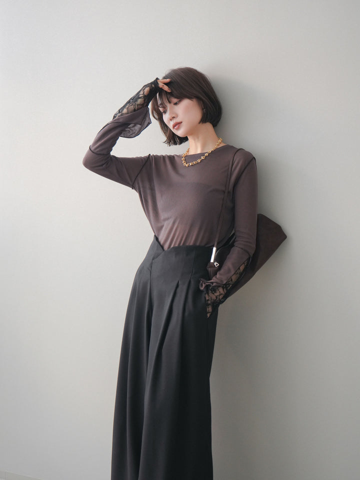 [予約]袖レースレイヤードデザインメロートップス/brown