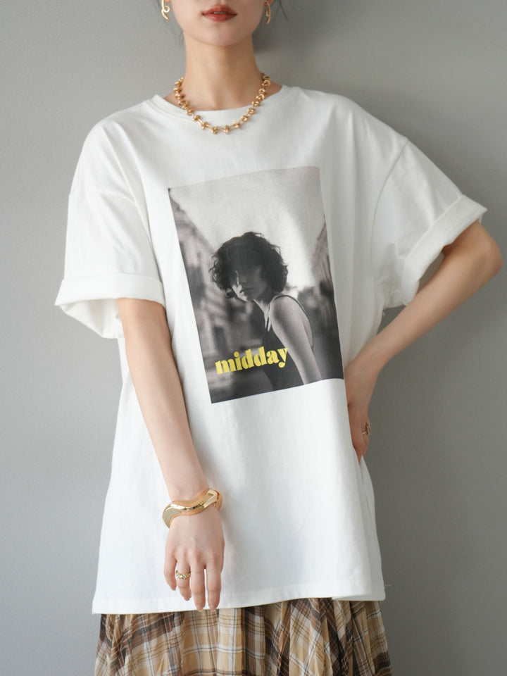 [SET]ネオンロゴフォトプリントBIG Tシャツ+シアーチェックアシンメトリーワッシャースカート(2set)