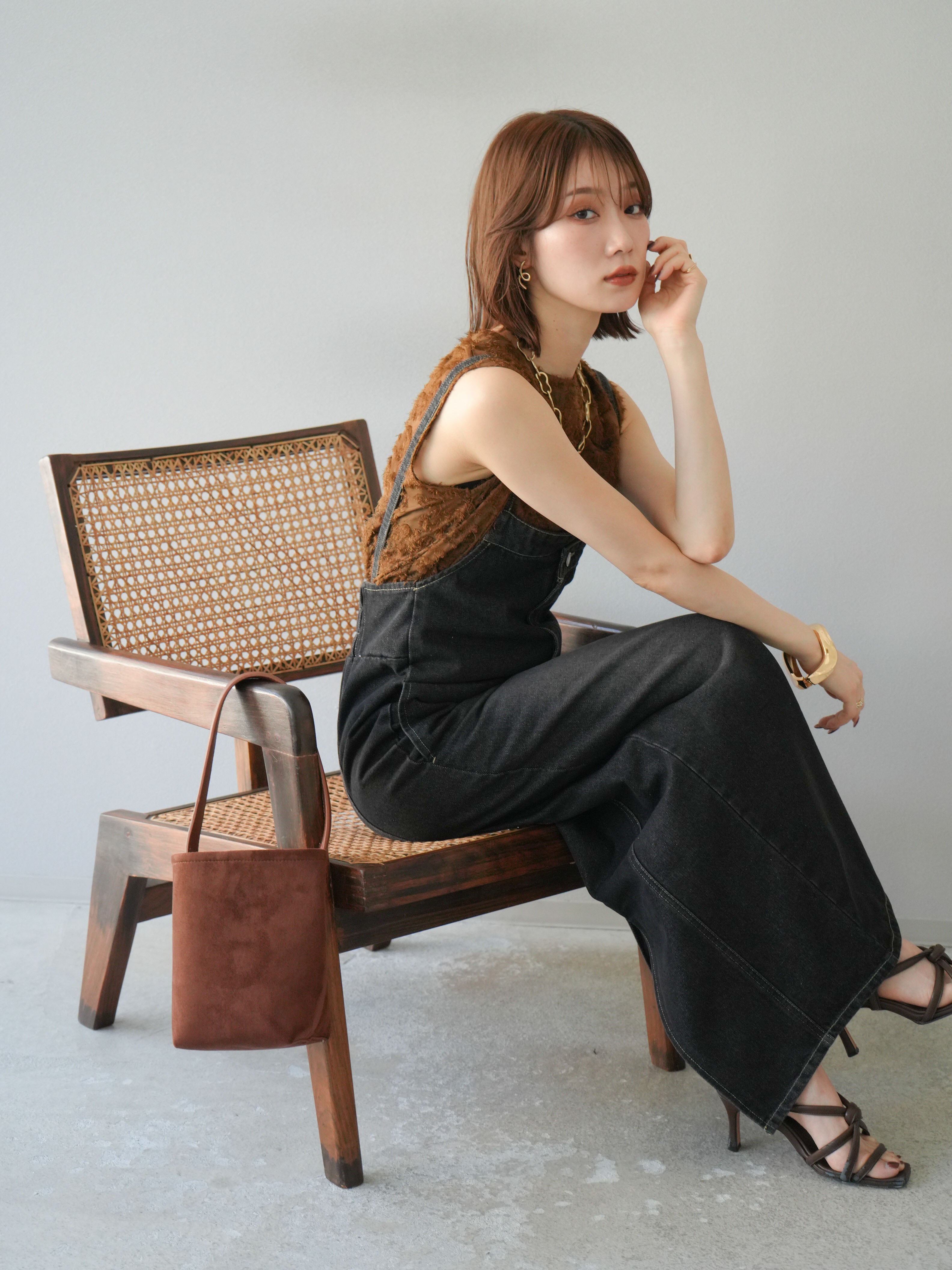SET]アシンメトリーデニムワンピース+ニュアンスフリンジジャガード