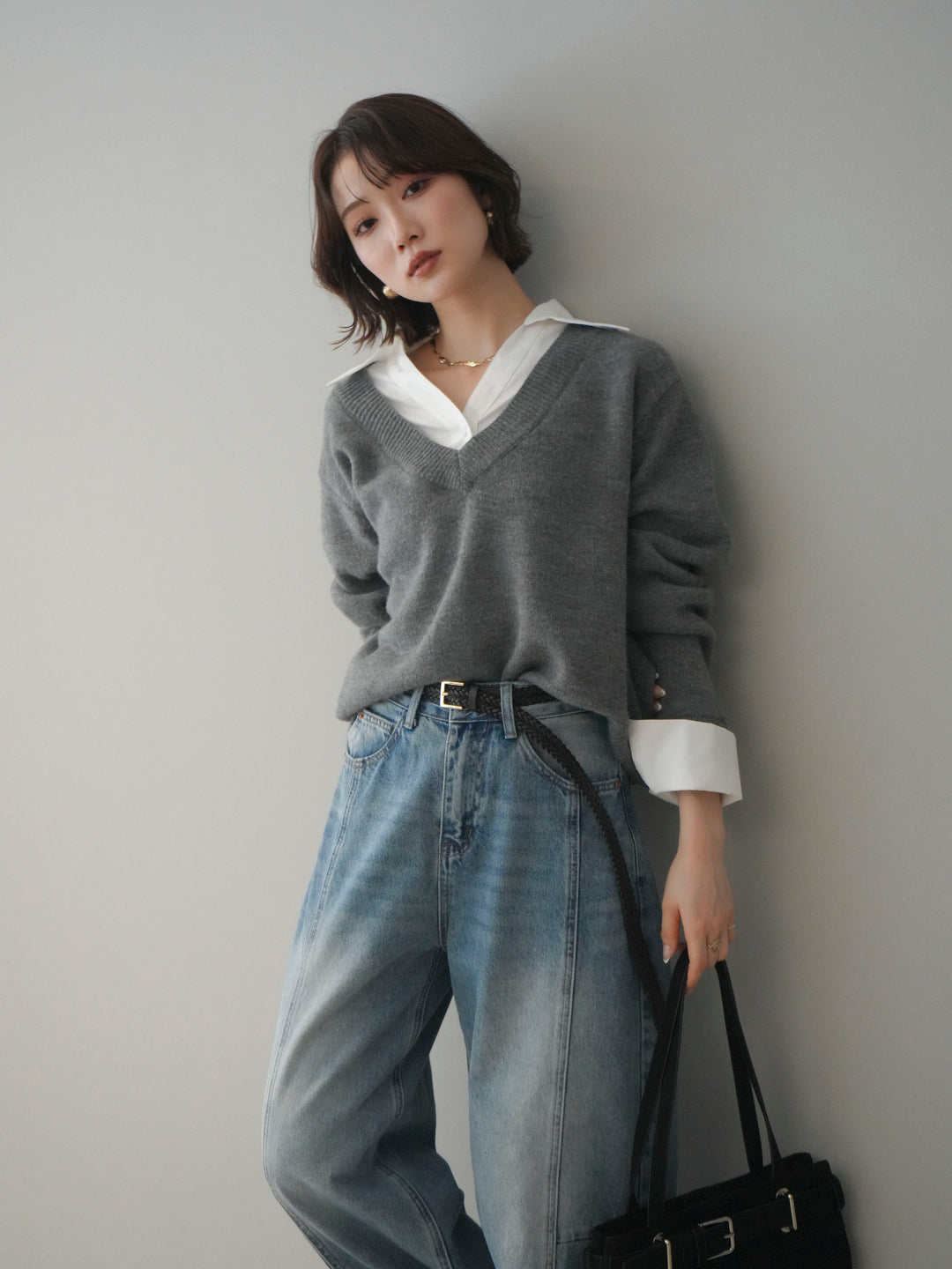[予約]シャツドッキングVネックニットトップス/gray