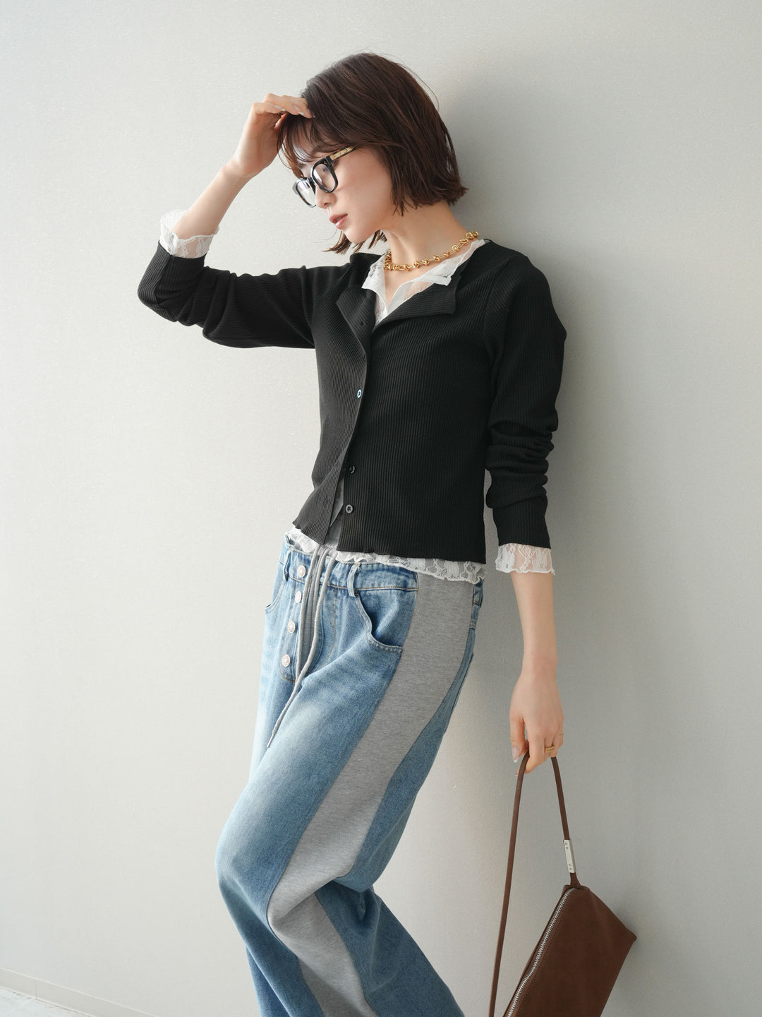 [SET]レースドッキングテレコリブカーディガン+選べるアクセセット(2set)