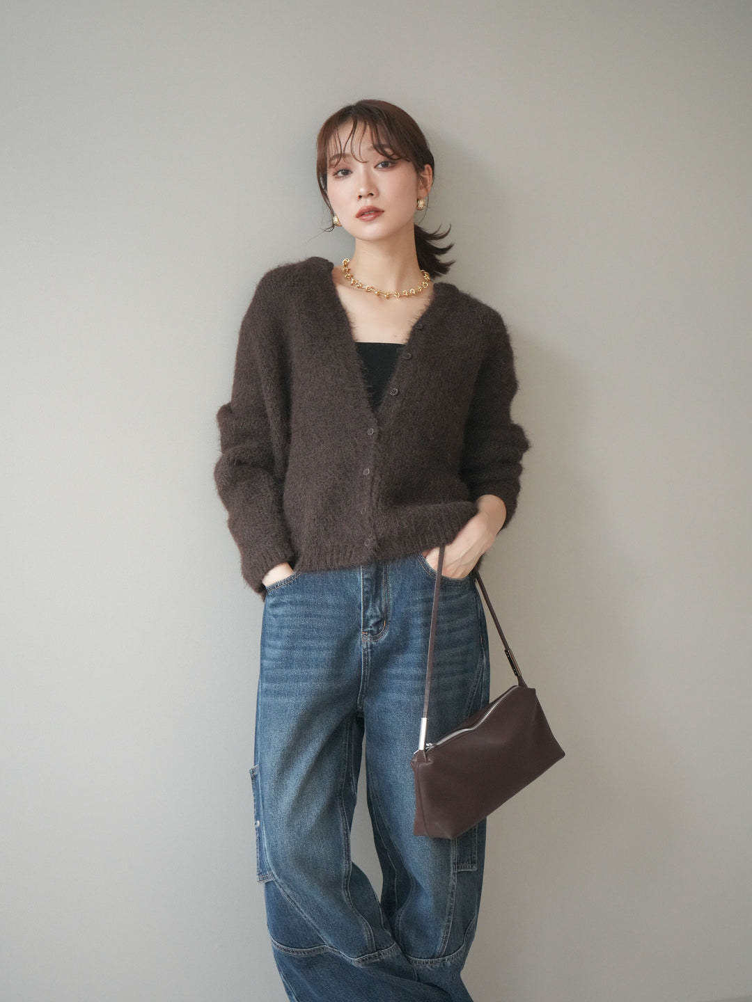 [予約]キーネックシャギーニットカーディガン/brown