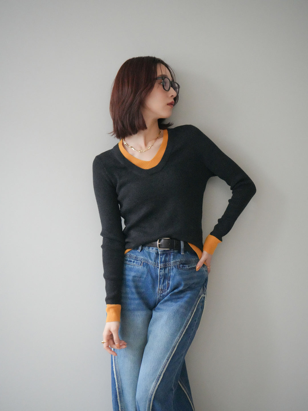 [SET]Uネック配色レイヤードリブニットトップス+サイドフリンジワイドデニムパンツ(2set)