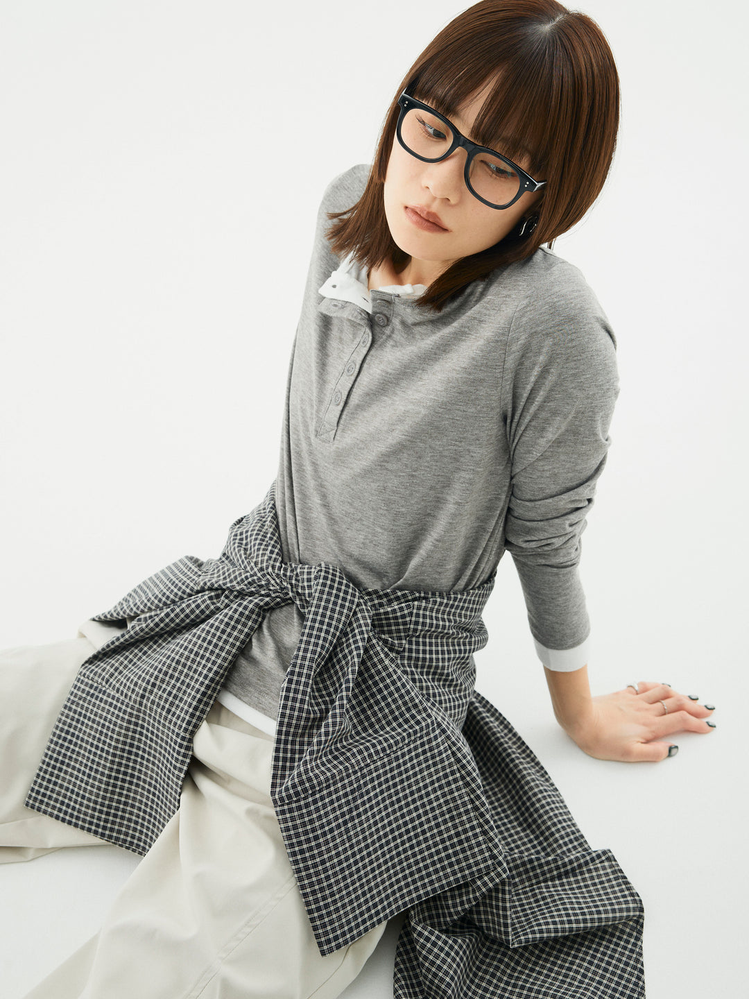 【Allure】[SET]配色レイヤードヘンリーネックトップス+チェックBIGカフスオーバーシャツ(2set)