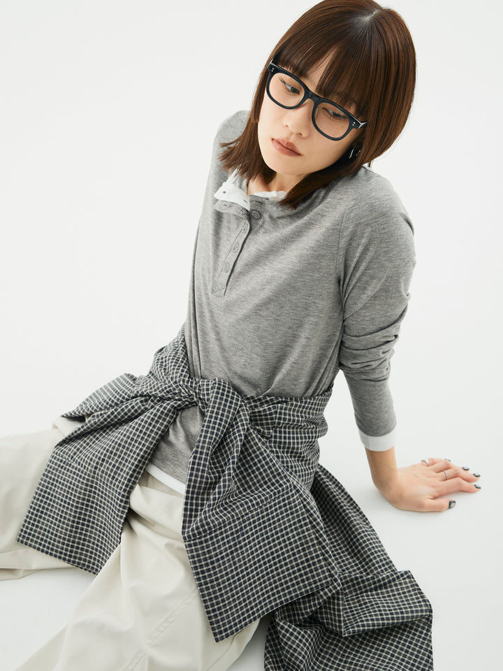 【Allure】[SET]配色レイヤードヘンリーネックトップス+チェックBIGカフスオーバーシャツ(2set)