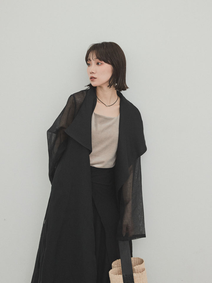 [SET] 方形天鵝絨背心 + 水洗緞層疊裙褲 + 透視長外套 (3 件套)