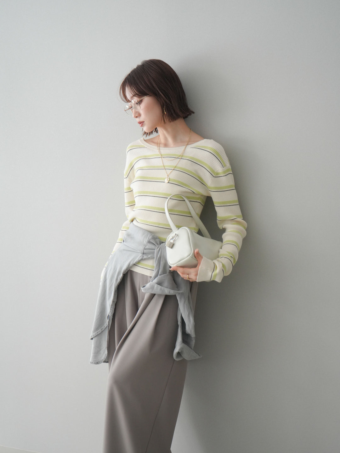 [予約]バックオープンテレコリブマルチボーダートップス/ivory