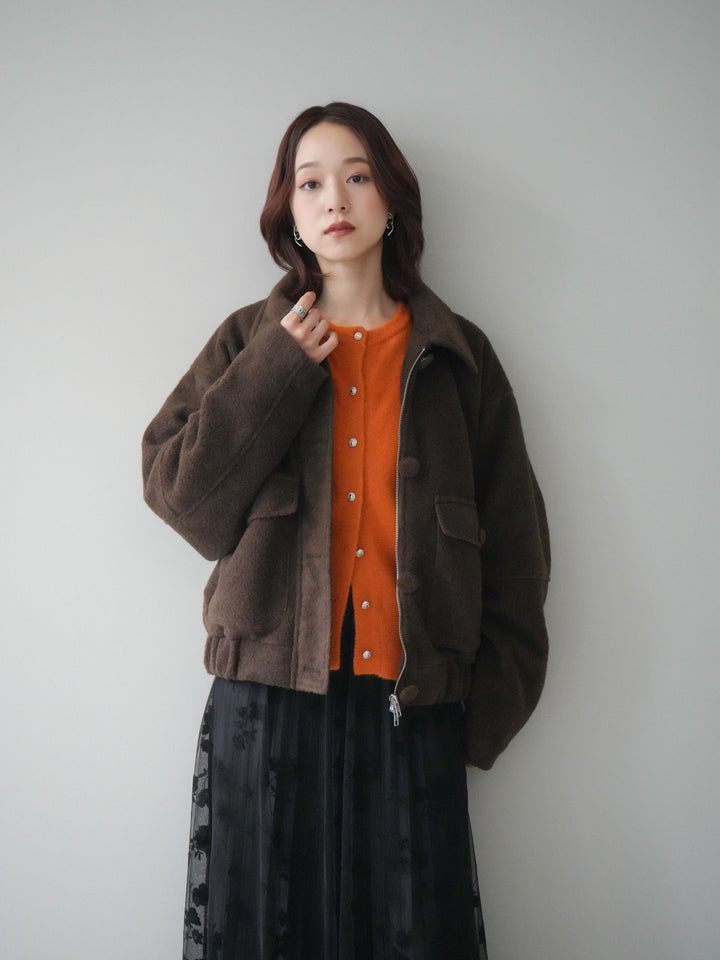 [SET]ウールライクフライトジャケット+アンティークボタンニットカーディガン+フラワーフロッキーチュールプリーツスカート(3set)