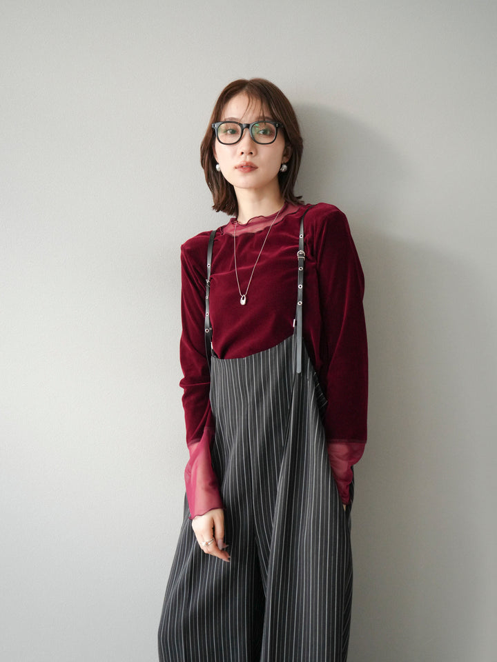 【着回しセット】[SET]ヘリンボーンストライプジレ+シアー切替ベロアトップス+ヘリンボーンストライプサロペット(3set)