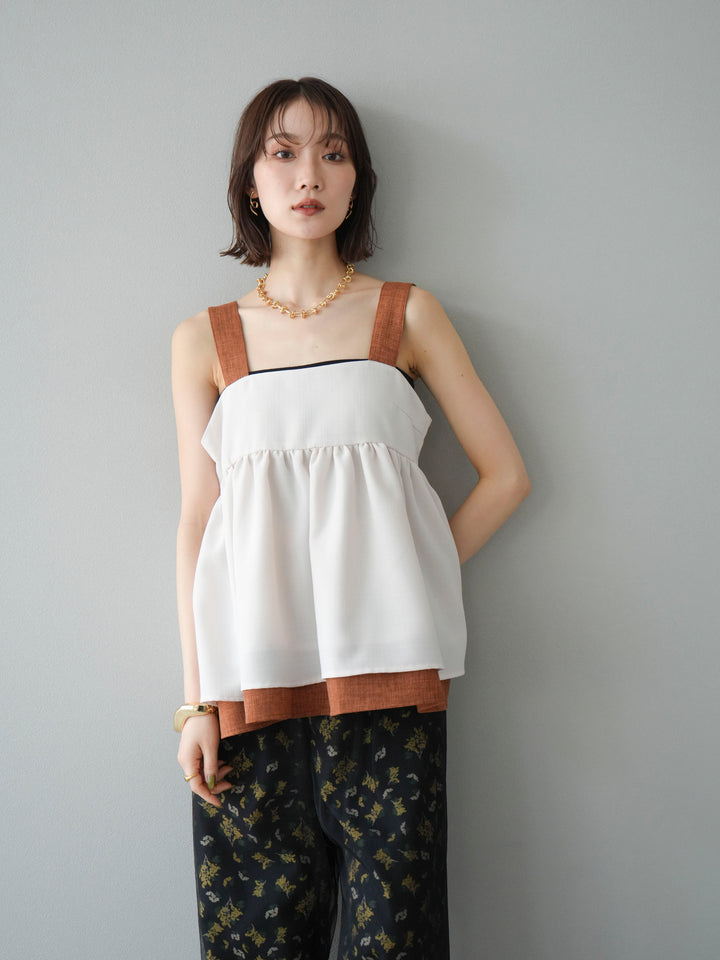 [SET]リネンライク配色フレアタンクトップ+ブーケプリントタックパンツ(2set)