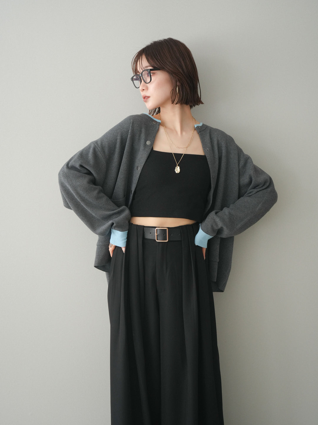 [SET]バイカラーオーバーニットカーディガン+タックベルトループワイドパンツ(2set)