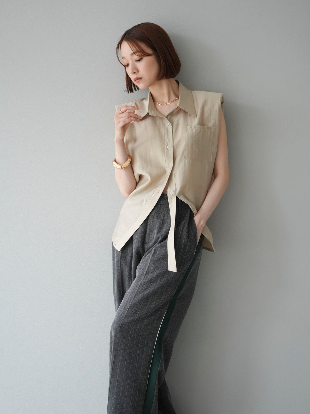 [予約]サイドラインストライプワイドパンツ/チャコール