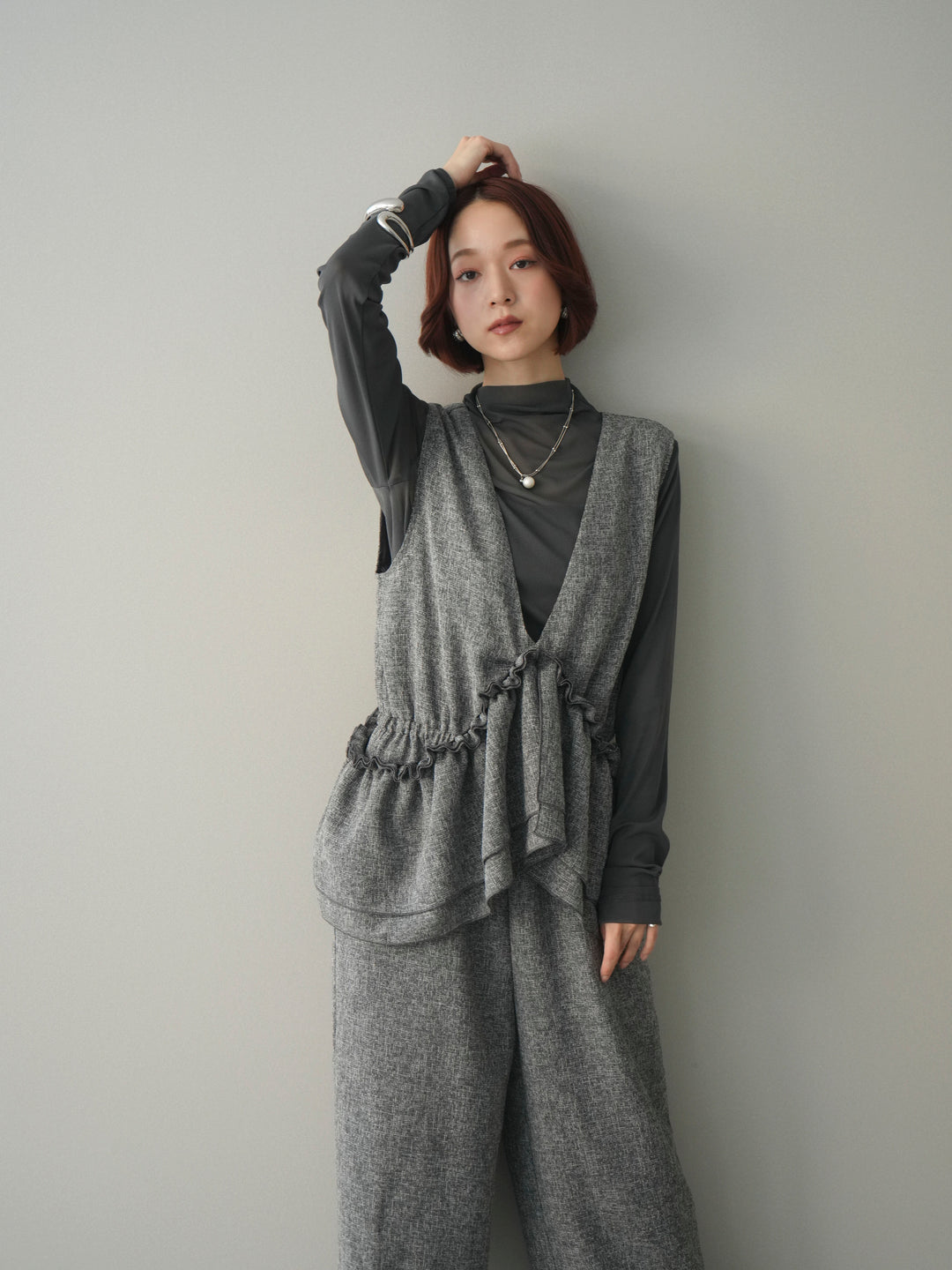 [SET]3WAYミックスツイードギャザーオールインワン+シアープチネックストレッチトップス(2set)